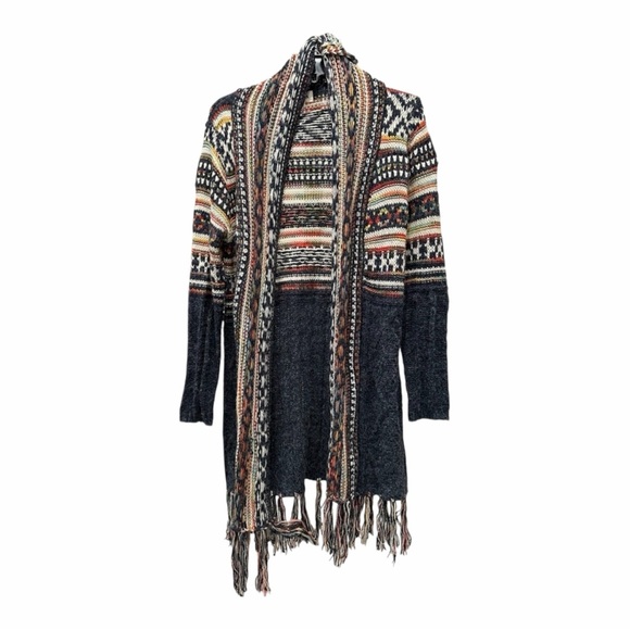 Boho Fringe Cardigan Southwestern Fair Isle Knit Sweater Adora S/M - Picture 2 of 7